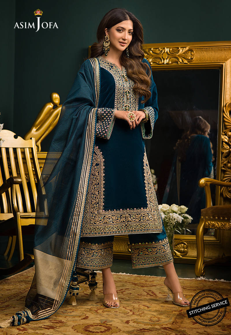 HC524-Heavy Embroidered Velvet Dress with Silk Trouser