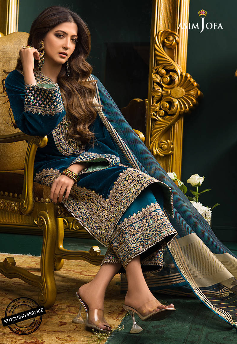 HC524-Heavy Embroidered Velvet Dress with Silk Trouser