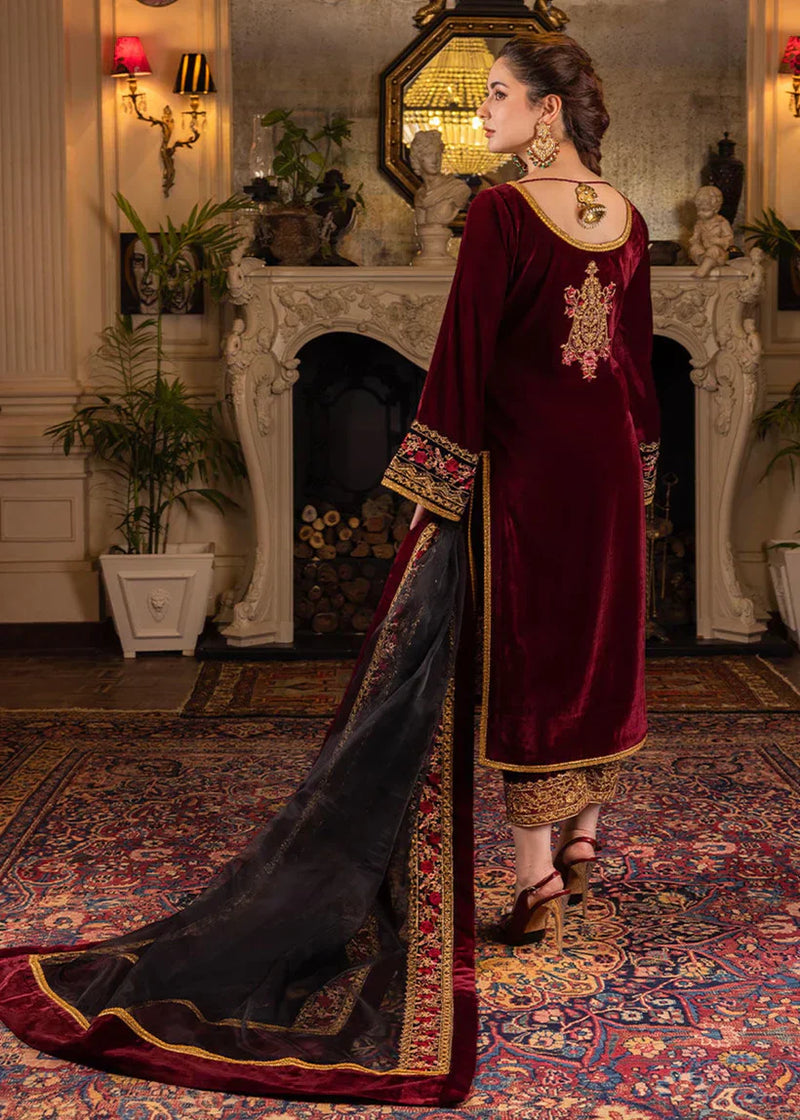 HC556-Velvet Winter Embroidered 3 Piece Dress With Organza embroidered Dopata