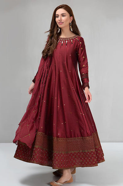 HC099-Maria B Winter, unstiched 3 piece kataan silk frock style embroidered suit