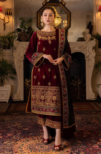 HC556-Velvet Winter Embroidered 3 Piece Dress With Organza embroidered Dopata