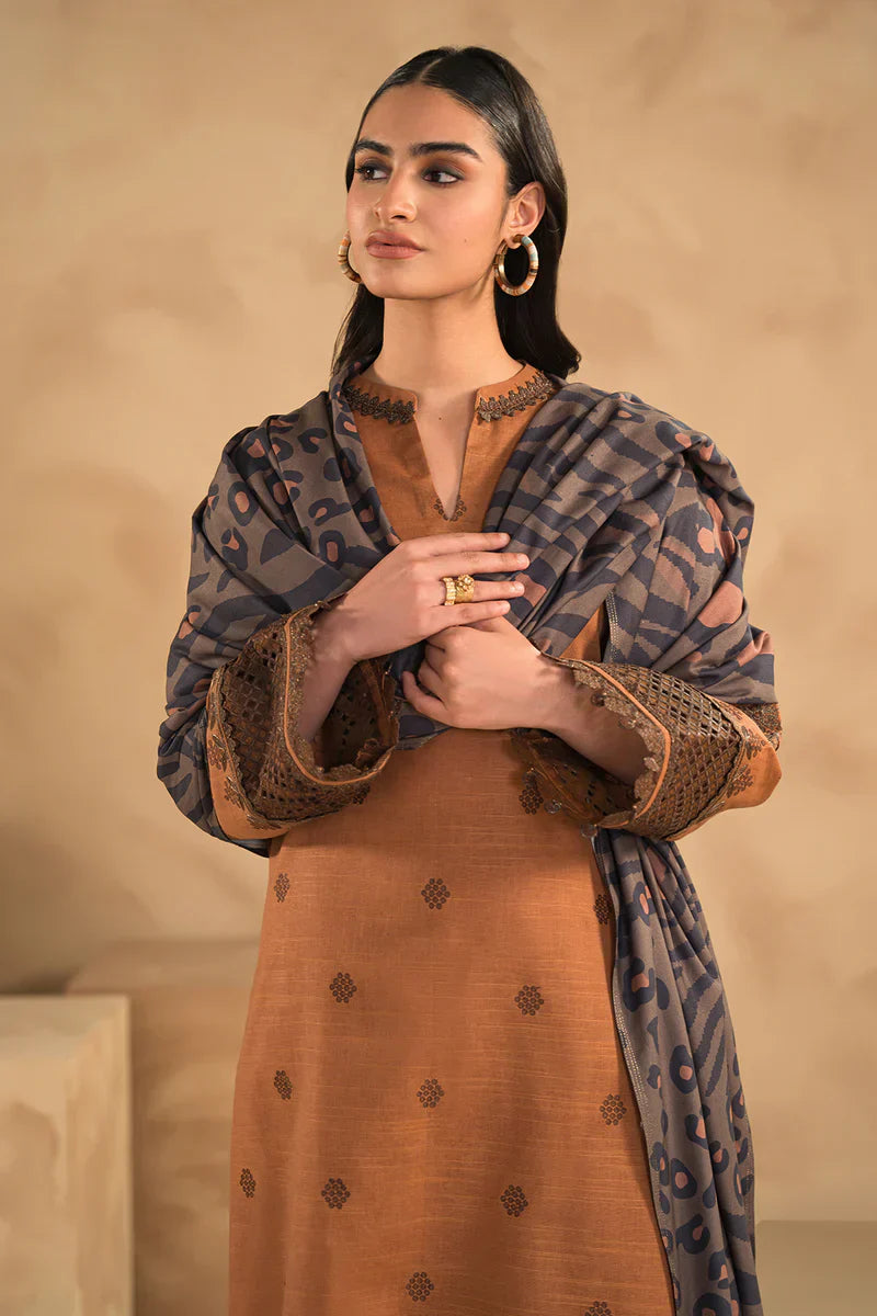 HC631-WINTER 3PC Dhannak Embroidered suit with Printed Shawll