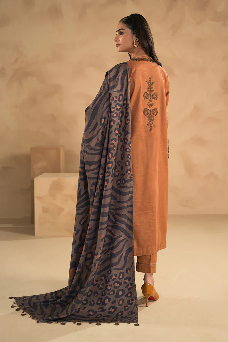 HC631-WINTER 3PC Dhannak Embroidered suit with Printed Shawll