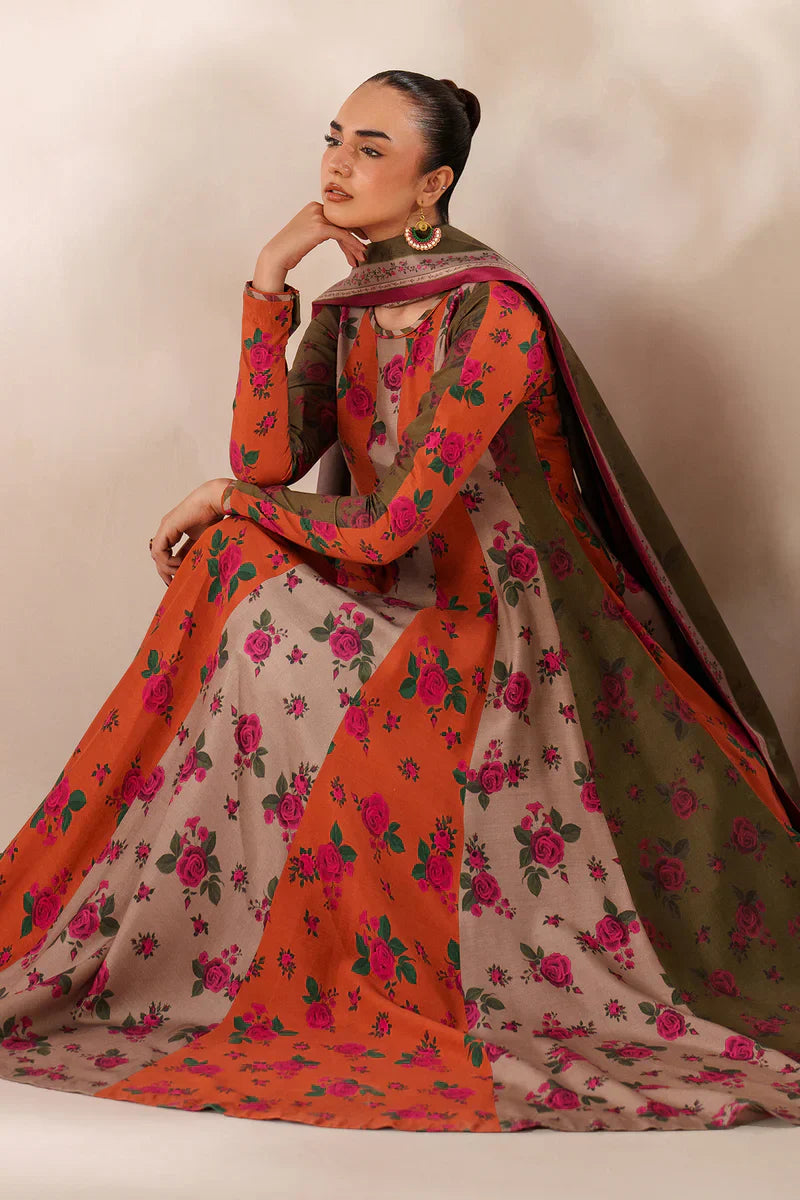 Baroque - Winter 3PC Frock Style Karandi Digital Print Dress - HC3395