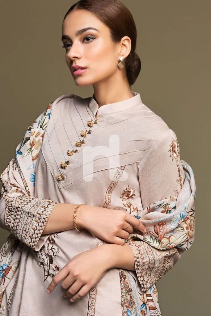 HC589-WINTER 3PC Dhannak Embroidered suit with Printed Shawll