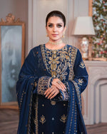 HC607-Embroidered Velvet Three piece With Embridered Chiffon Duppatta