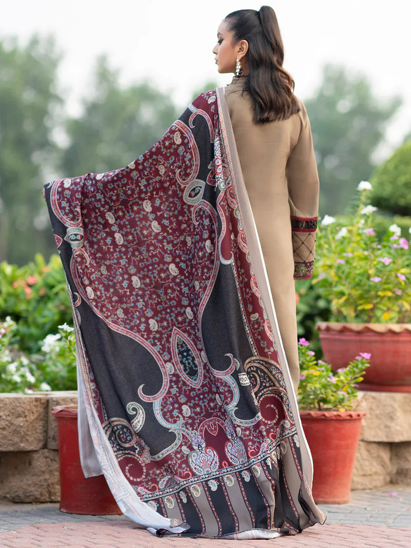 HC617-WINTER 3PC Dhannak Embroidered suit with Printed Shawll