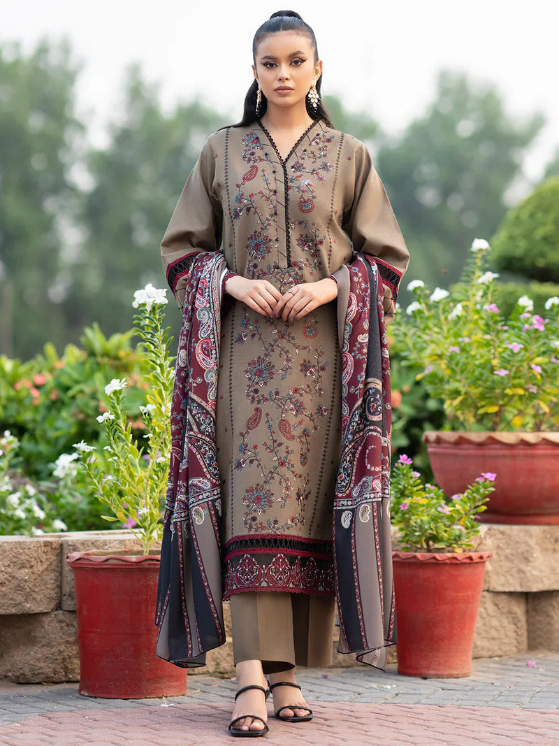 HC617-WINTER 3PC Dhannak Embroidered suit with Printed Shawll