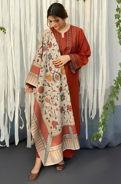 HC914-WINTER 3PC Dhannak Embroidered suit with Printed Shawll