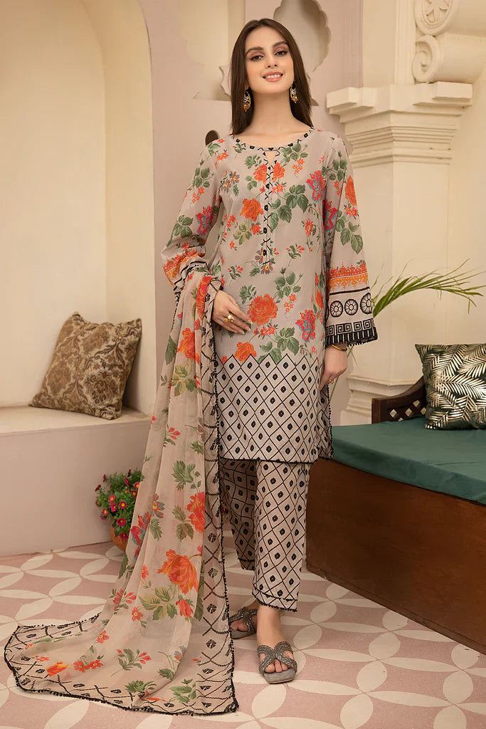 HC700-3PC Lawn Digital Printed Shirt With & Digital Printed Bamber Chiffon Dupatta
