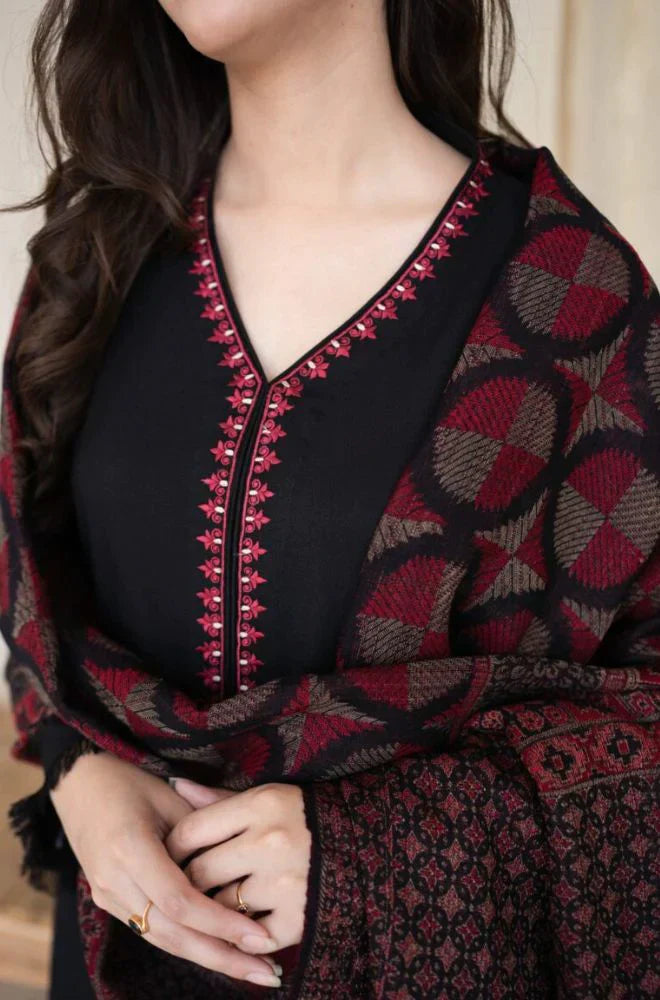 HC628-WINTER 3PC Dhannak Embroidered suit with Printed Shawll