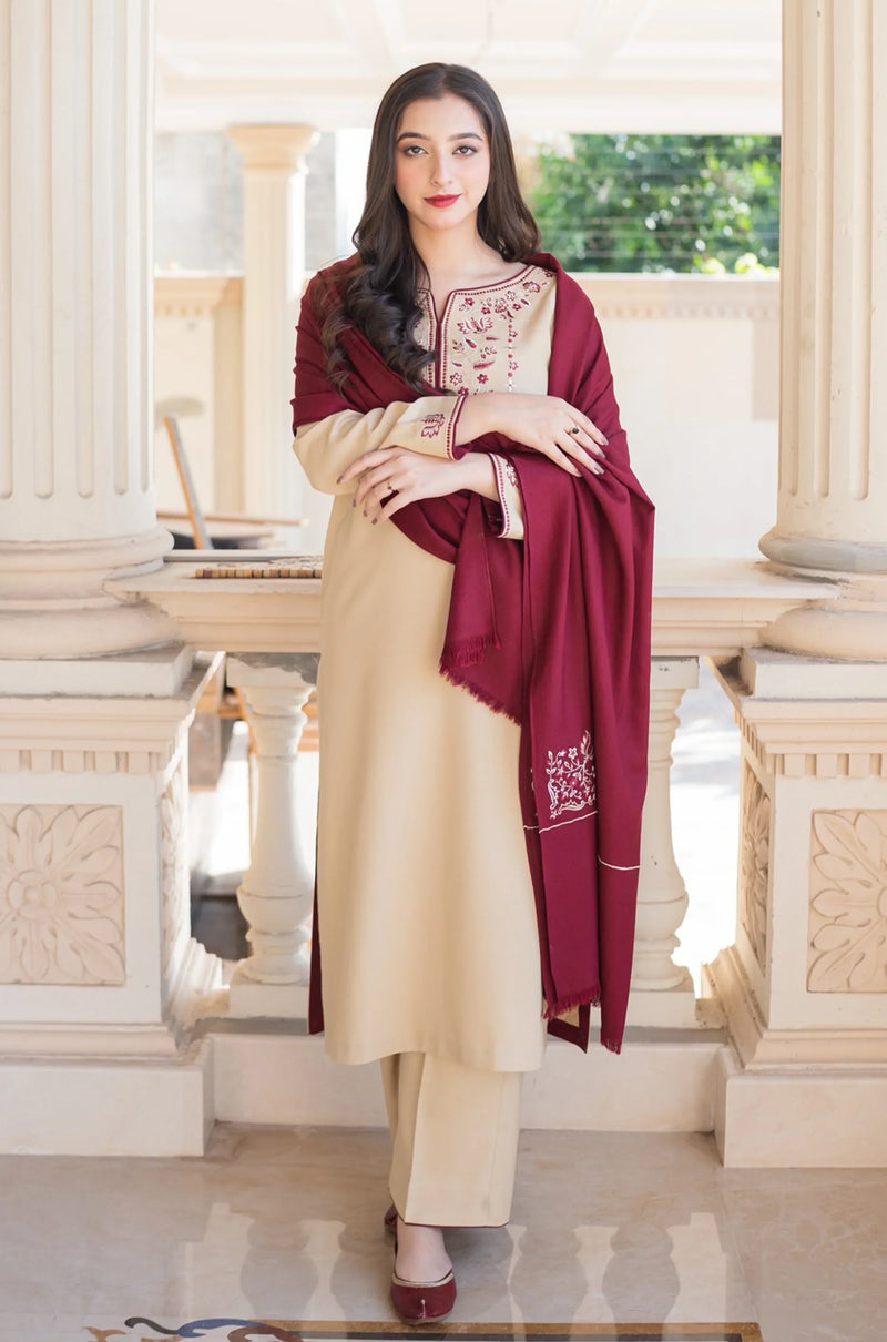 HC614-WINTER 3PC Dhanak suit with Embroidered Shawll