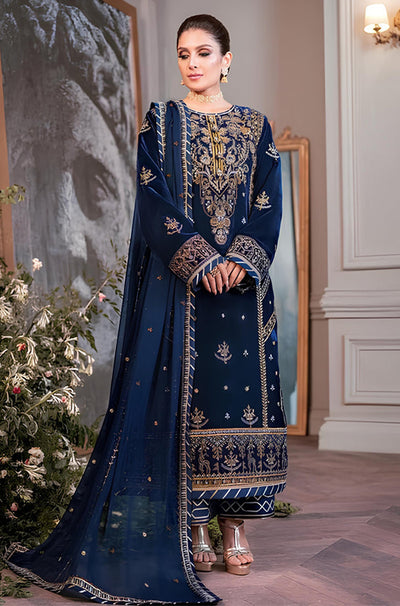 HC607-Embroidered Velvet Three piece With Embridered Chiffon Duppatta