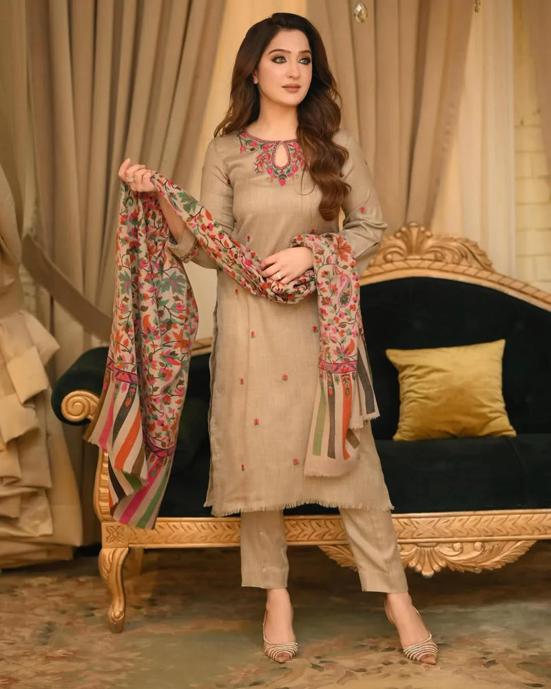 Bunaai - Winter 3PC Dhanak Embroidered Suit - HC33131