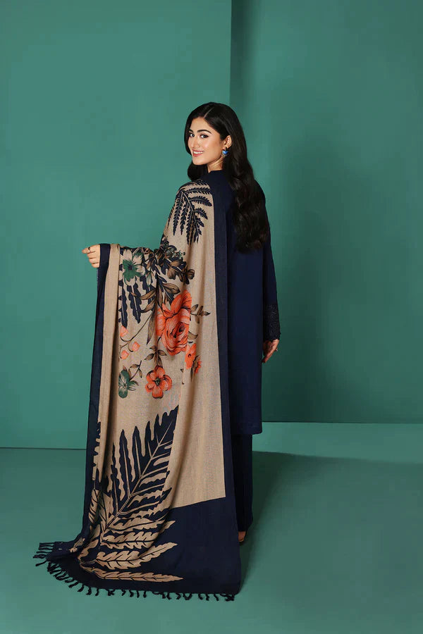 HC585-WINTER Nishat Blue Linen Embroidered three piece With Printed Wool Shawll