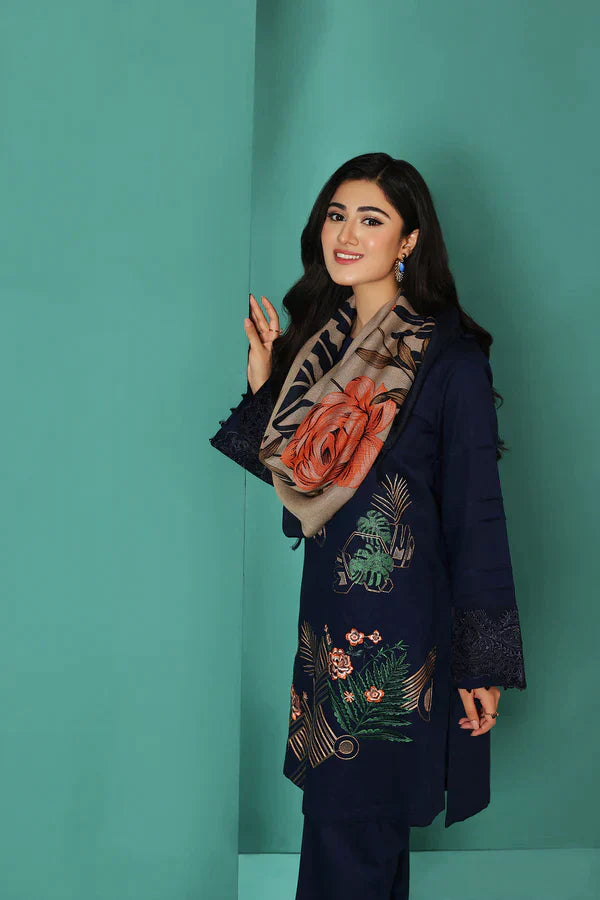 HC585-WINTER Nishat Blue Linen Embroidered three piece With Printed Wool Shawll
