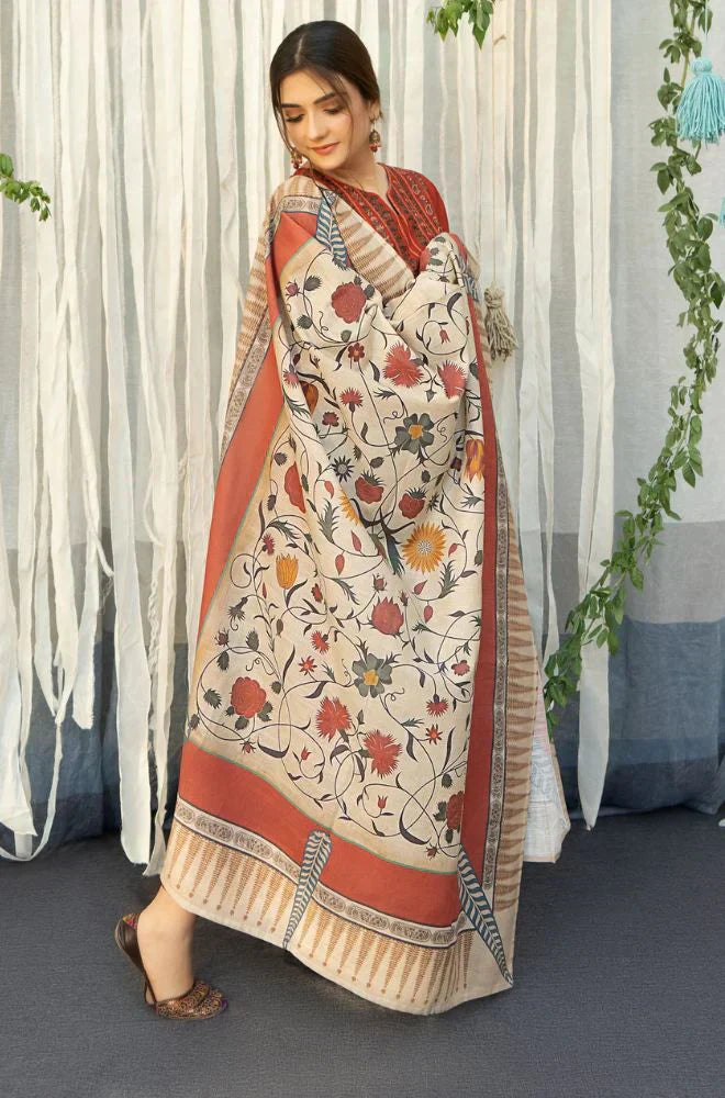 HC914-WINTER 3PC Dhannak Embroidered suit with Printed Shawll