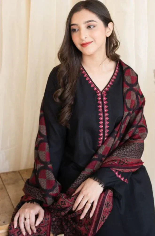 HC628-WINTER 3PC Dhannak Embroidered suit with Printed Shawll