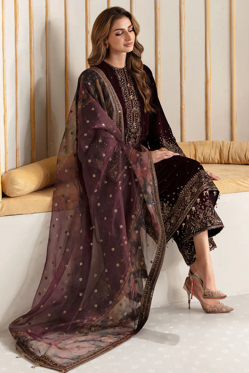 HC902-Winter Velvet Unstitched 3PCs Embroidered Dress With Organza Dupatta