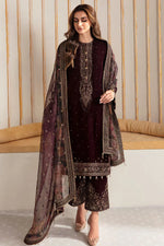 HC902-Winter Velvet Unstitched 3PCs Embroidered Dress With Organza Dupatta