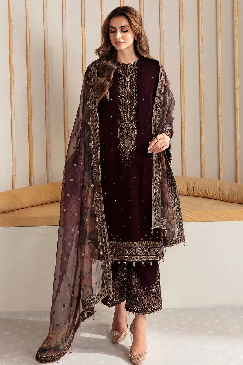 HC902-Winter Velvet Unstitched 3PCs Embroidered Dress With Organza Dupatta