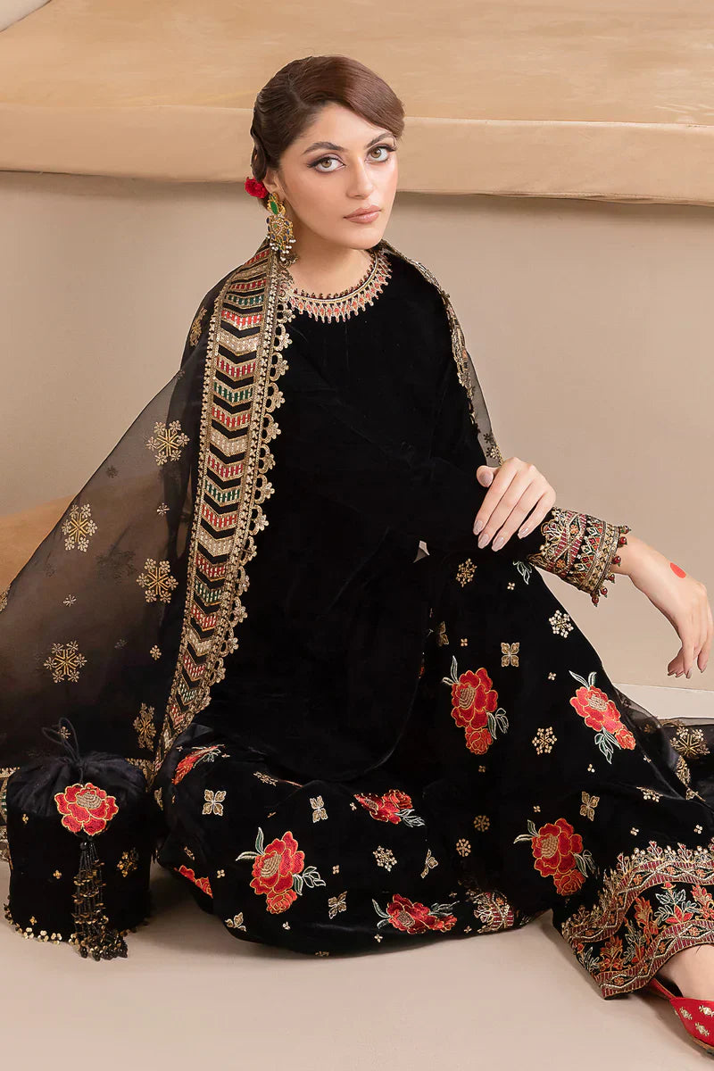 HC577-Embroidered Velvet Dress With Organza embroidered Dopata