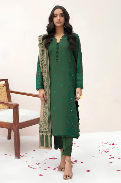 HC553-WINTER 3PC Dhannak Embroidered suit with Printed Shawll