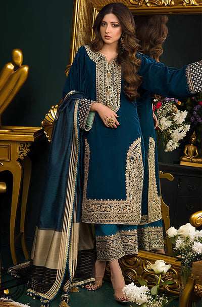 HC524-Heavy Embroidered Velvet Dress with Silk Trouser