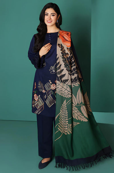 HC585-WINTER Nishat Blue Linen Embroidered three piece With Printed Wool Shawll