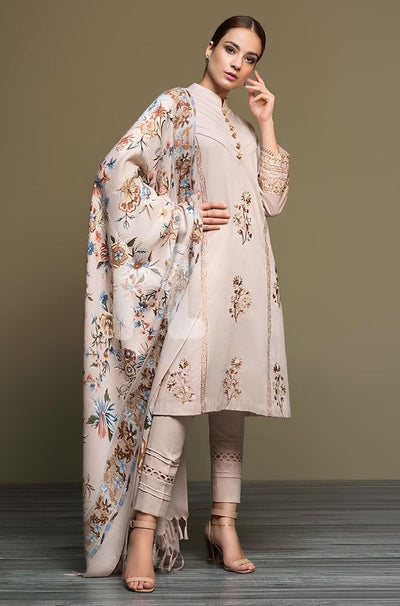 HC589-WINTER 3PC Dhannak Embroidered suit with Printed Shawll