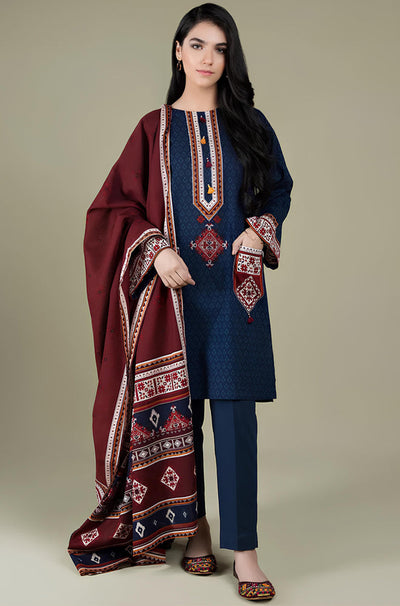 HC522-WINTER  3PC Linen Embroidered suit with Embroidered Shawll