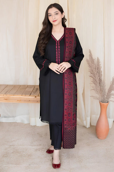 HC628-WINTER 3PC Dhannak Embroidered suit with Printed Shawll
