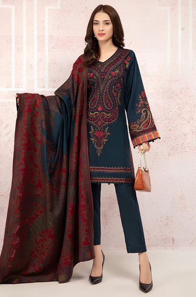 HC582-Winter 3PC Khaddar Embroidered Suit with Printed Wool Shawll