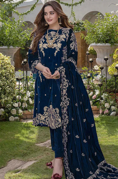 Azure Embroidered Velvet 3piece suit - HC2015