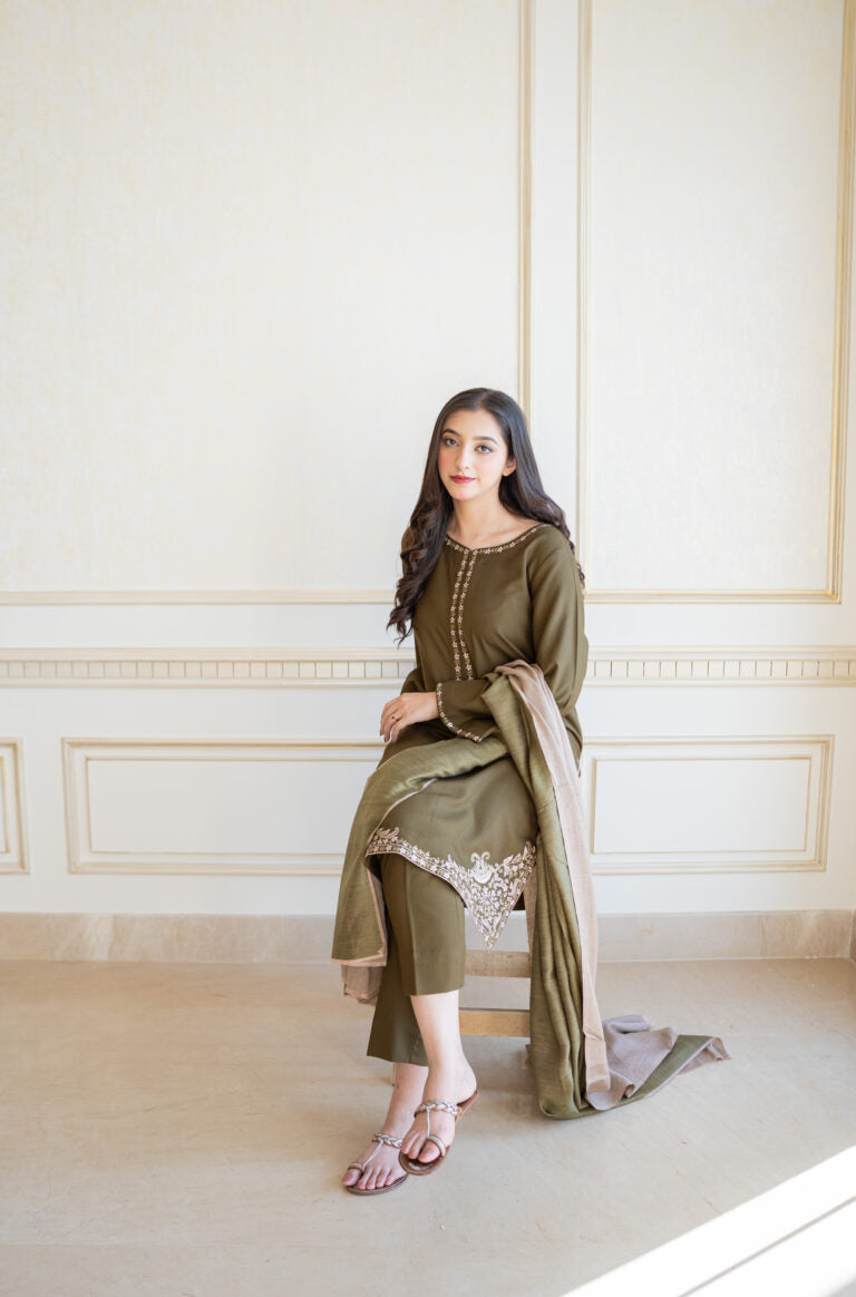 HC612-WINTER 3PC Dhanak suit with Embroidered Shawll