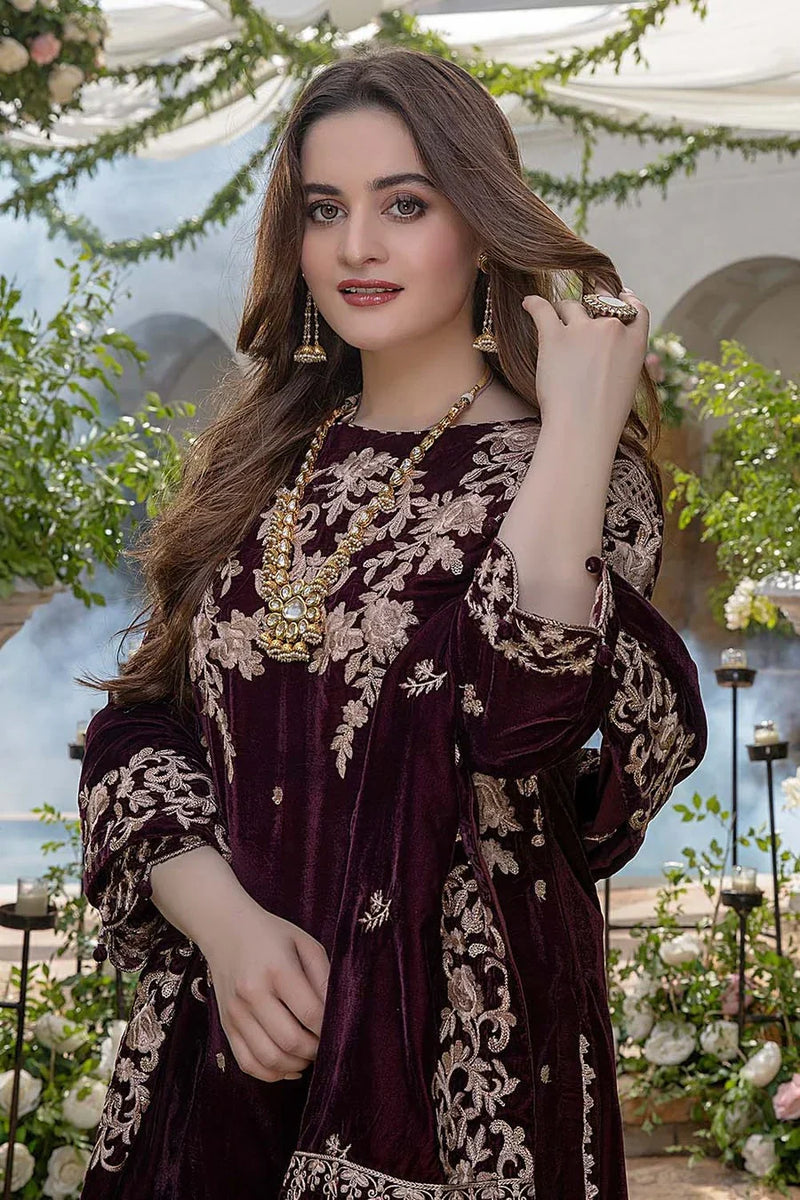 HC403-Embroidered Velvet Three piece With Velvet Shawl Winter Collection