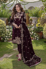HC403-Embroidered Velvet Three piece With Velvet Shawl Winter Collection