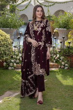 HC403-Embroidered Velvet Three piece With Velvet Shawl Winter Collection