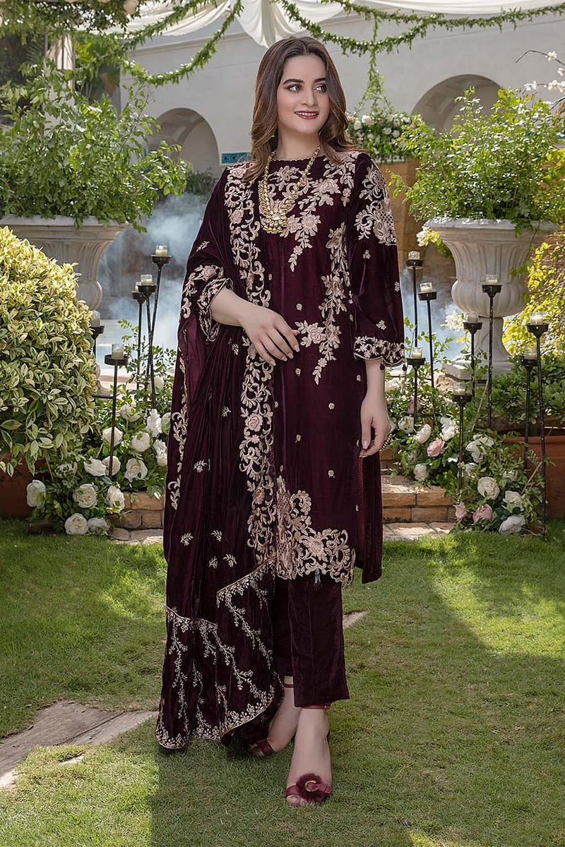 HC403-Embroidered Velvet Three piece With Velvet Shawl Winter Collection