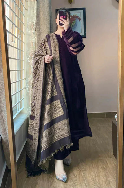 BUNAAI - Velvet Dress with Printed Dhanak Shawl HC33117