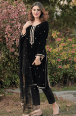 HC518-Velvet Embroidered Dress With Organza embroidered Dopata