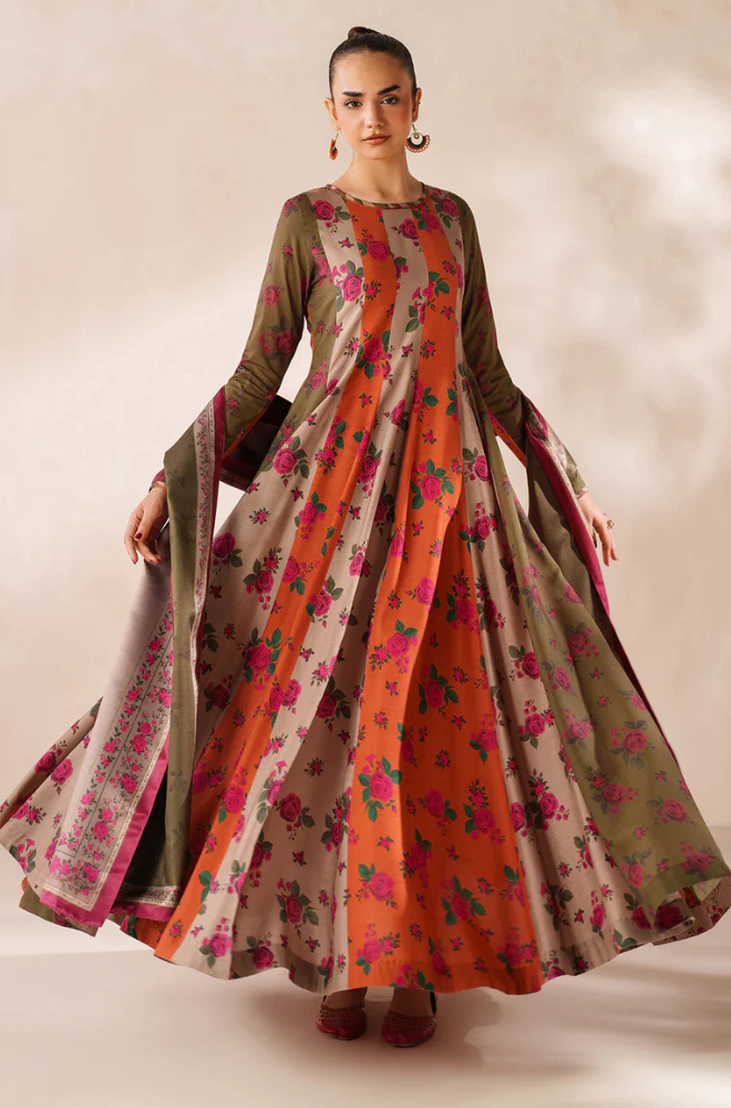 Baroque - Winter 3PC Frock Style Karandi Digital Print Dress - HC3395