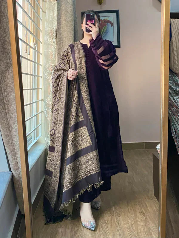BUNAAI - Velvet Dress with Printed Dhanak Shawl HC33117