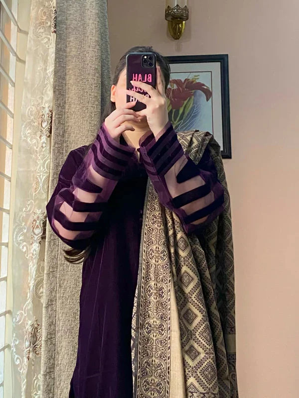 BUNAAI - Velvet Dress with Printed Dhanak Shawl HC33117