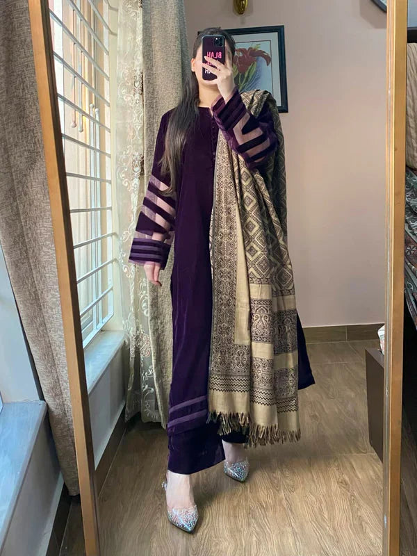 BUNAAI - Velvet Dress with Printed Dhanak Shawl HC33117