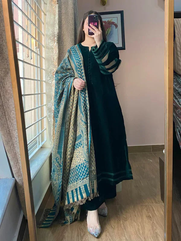 BUNAAI- Velvet Dress with Printed Dhanak Shawl HC33118