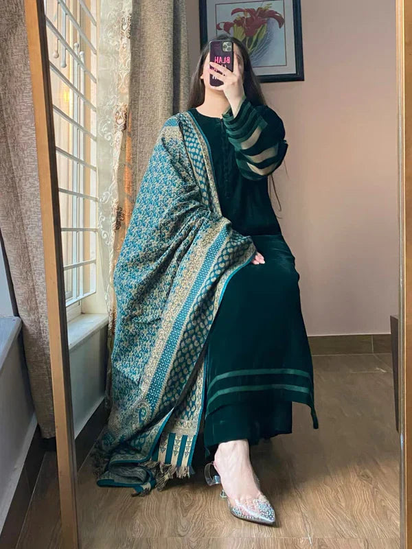 BUNAAI- Velvet Dress with Printed Dhanak Shawl HC33118