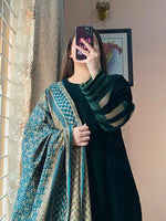 BUNAAI- Velvet Dress with Printed Dhanak Shawl HC33118