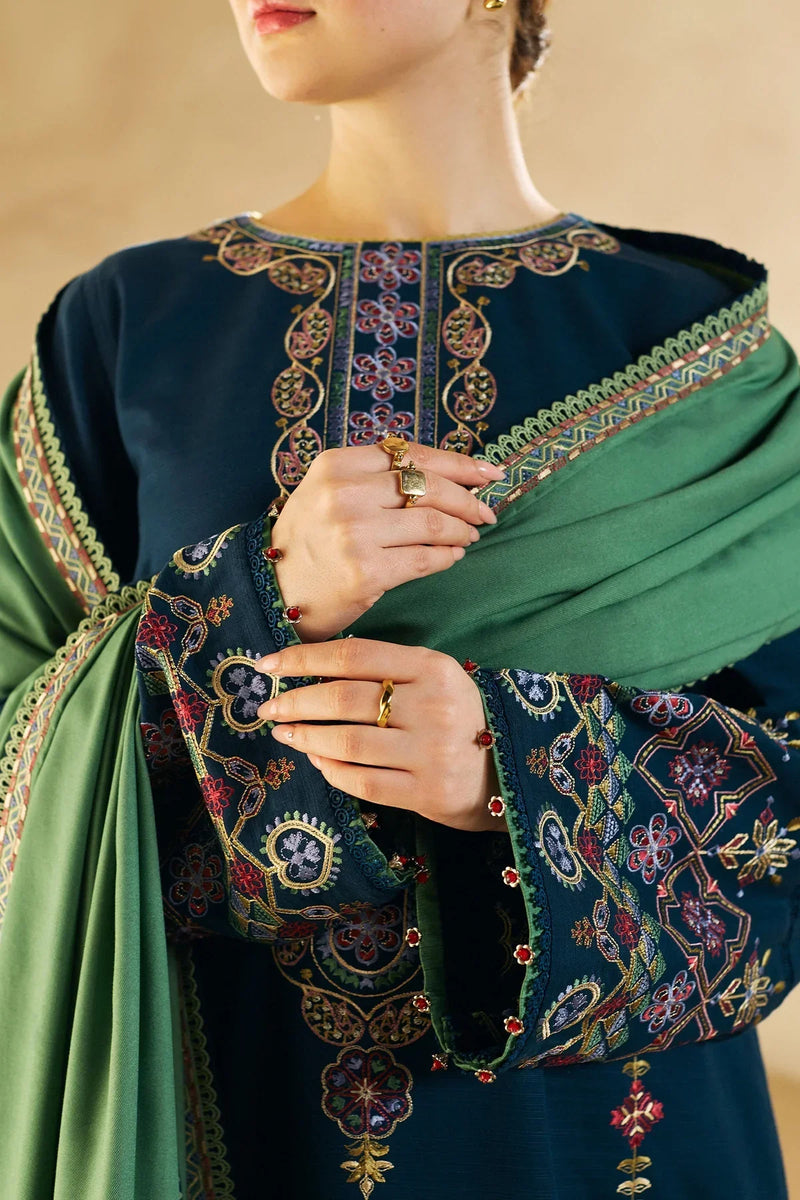 HC590-WINTER 3-Pc Embroidered Dhanak Suit with Heavy Embroidered Dhanak Shawll