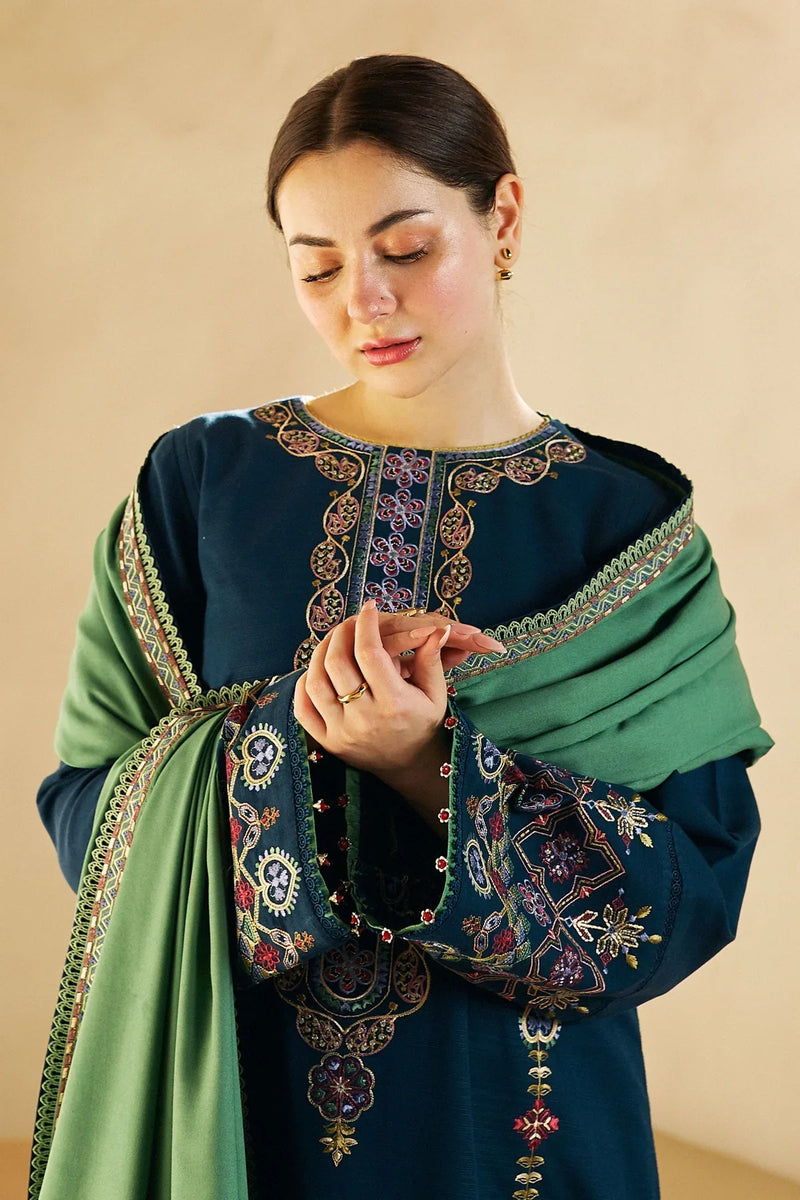 HC590-WINTER 3-Pc Embroidered Dhanak Suit with Heavy Embroidered Dhanak Shawll